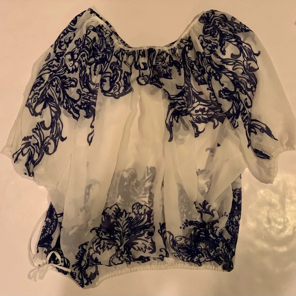 INC International Concepts White & Blue Flowy Blouse Pullover Size 10 Oversized - Picture 5 of 9